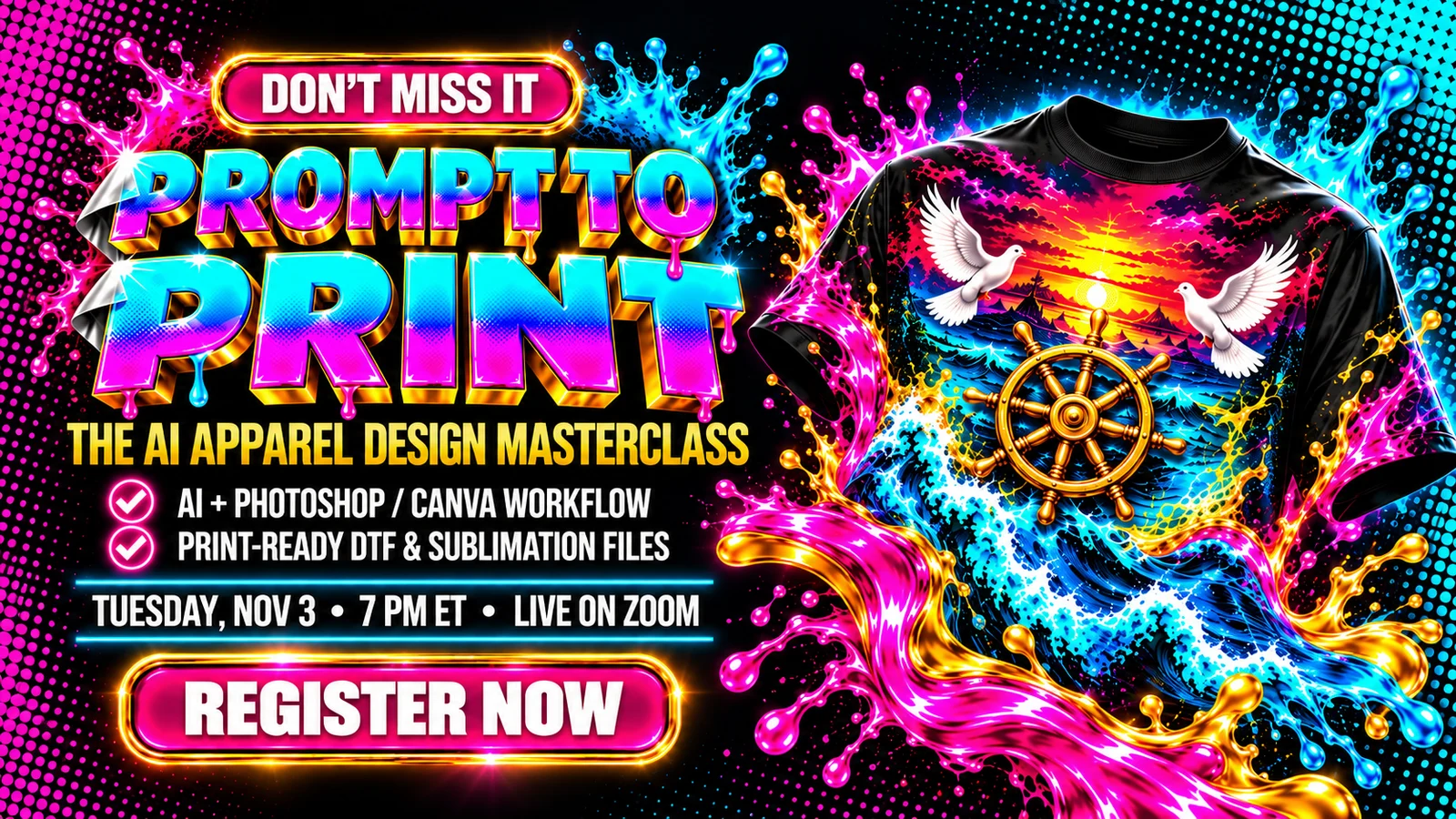 Prompt to Print, the AI apparel design masterclass: AI plus Photoshop or Canva workflow, print-ready DTF and sublimation files. Tuesday, Nov 3, 7 PM ET, live on Zoom. Register now.