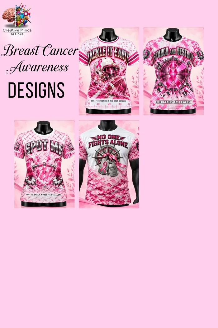 Breast Cancer Awareness tee designs, sheet 1: pink and white shirts with ribbons, roses, butterflies and messages of hope