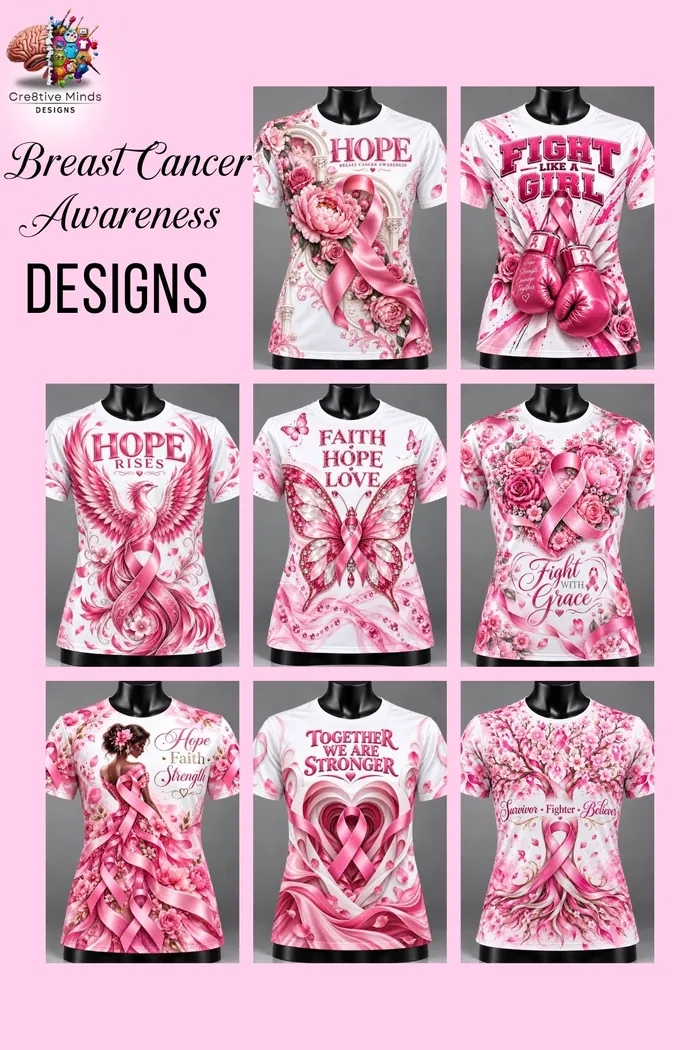 Breast Cancer Awareness tee designs, sheet 2: pink and white shirts with ribbons, roses, butterflies and messages of hope