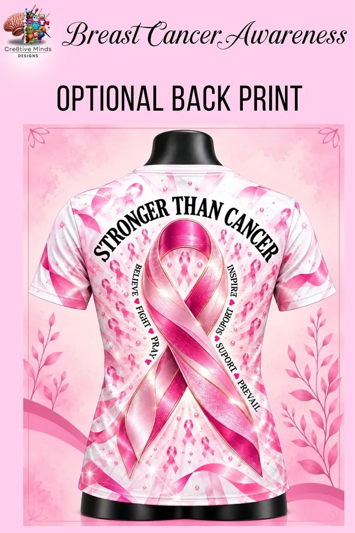 Optional back print: Stronger Than Cancer, with a pink ribbon on a white and pink tee